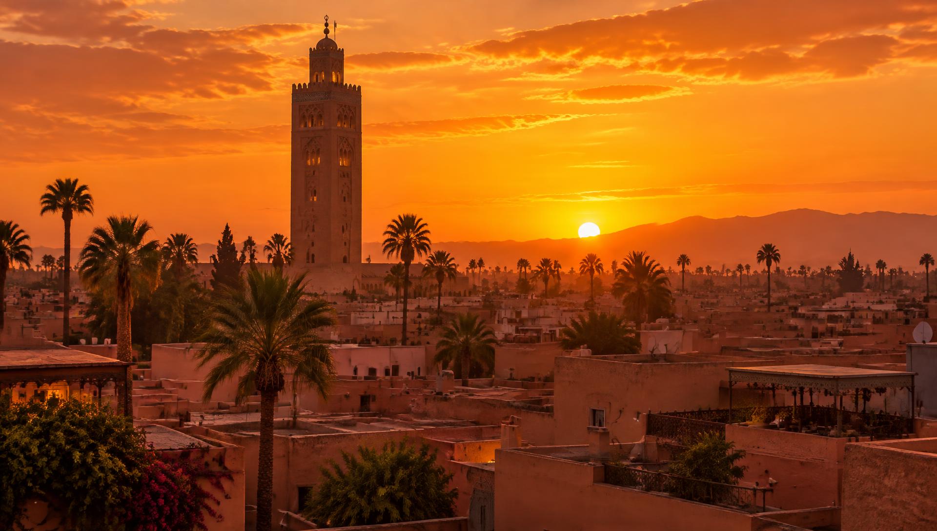 Marrakech au coucher du soleil, la Koutoubia dominant la médina