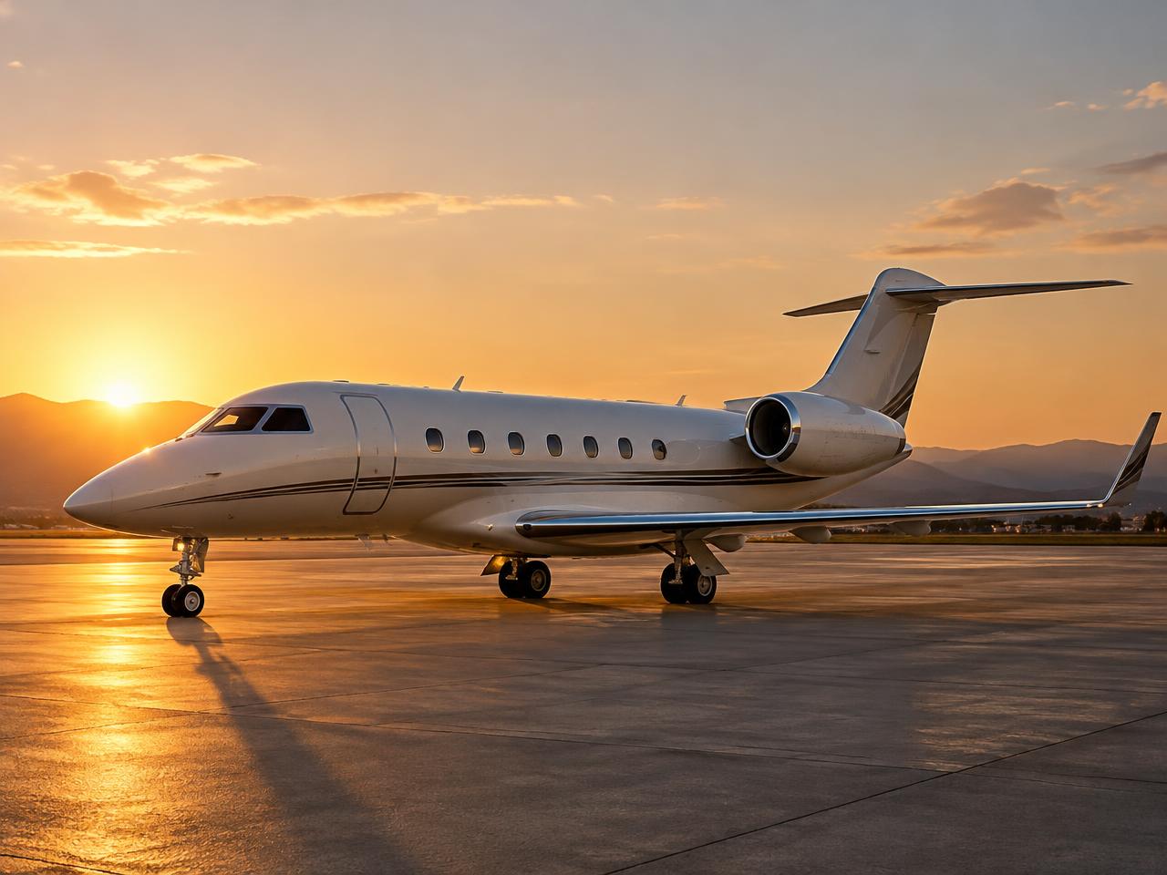 Jet privé sur le tarmac au lever du soleil