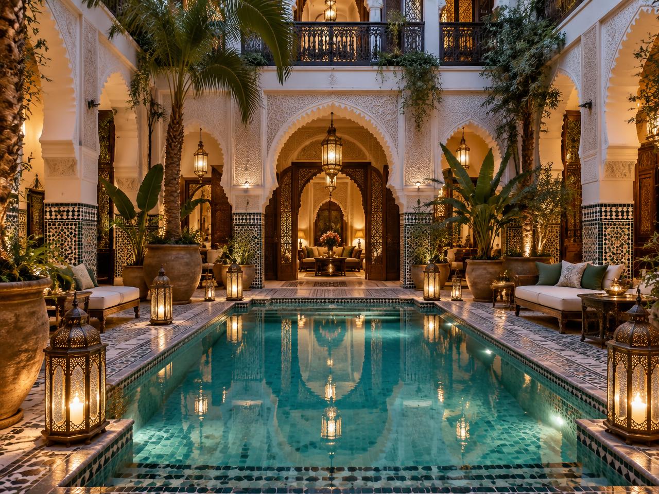 Patio d'un riad 5 étoiles avec piscine et lanternes